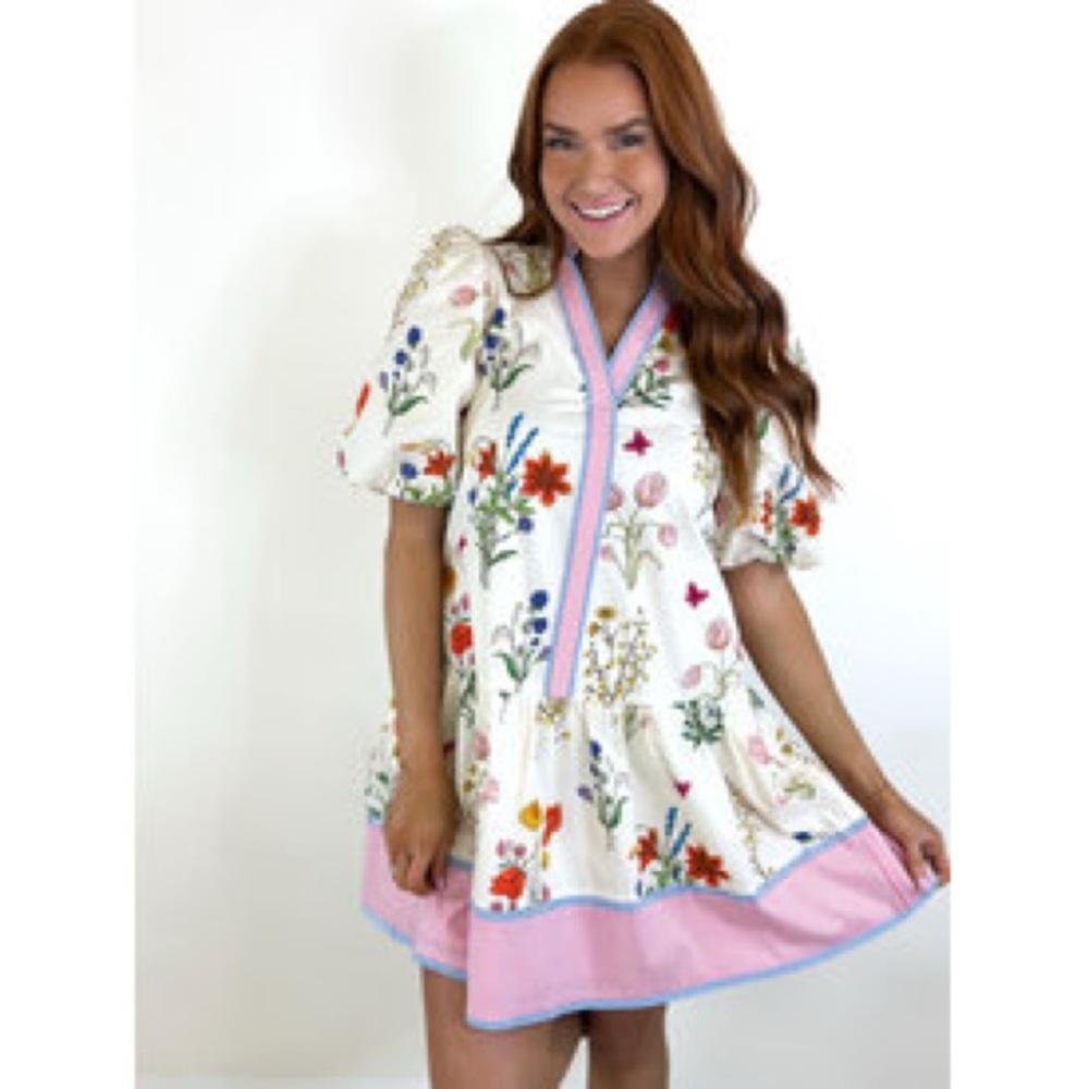 Floral Puff Sleeve Dress with Pink Hem